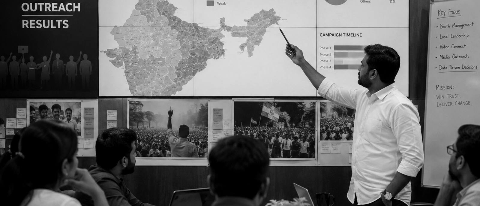 Pragya Strategies strategists in a campaign war room reviewing a constituency map