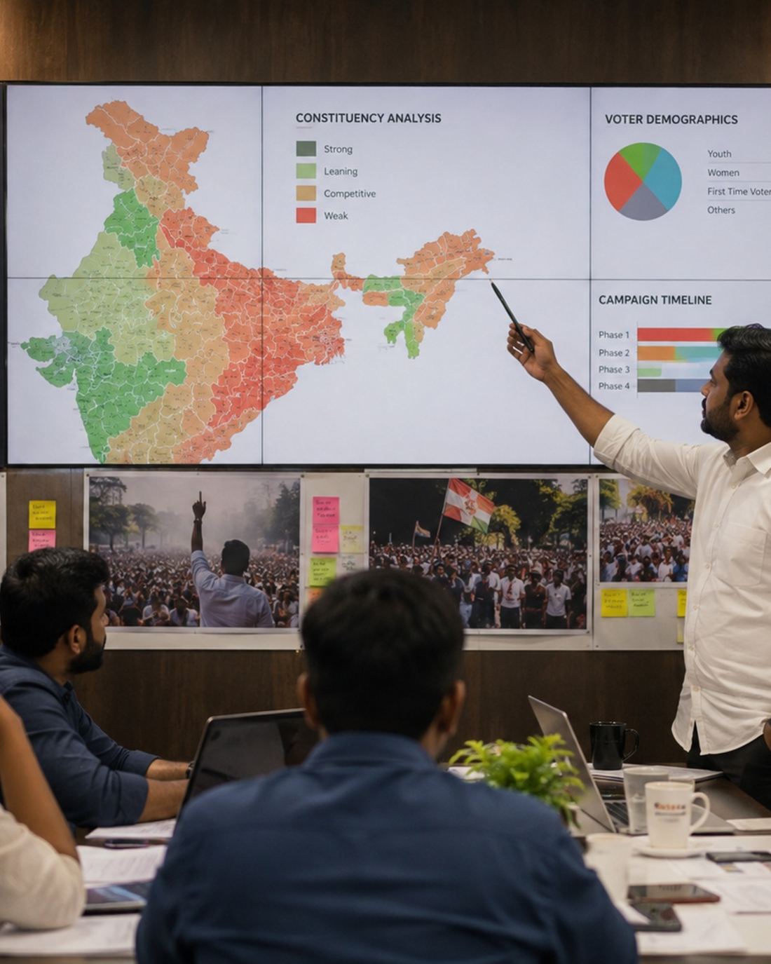 Pragya Strategies campaign war room reviewing constituency analysis and voter demographics